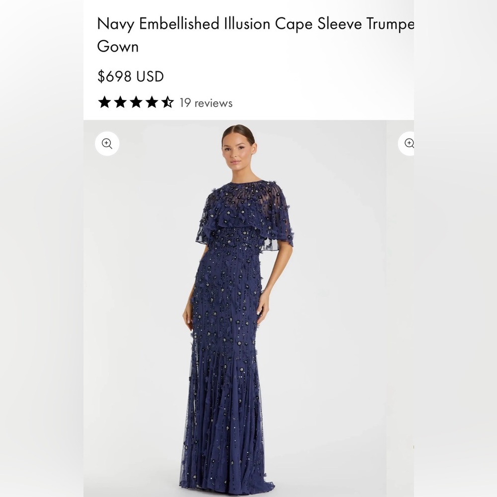 Mac Duggal Navy Embellished Illusion Cape Sleeve Trumpet Gown